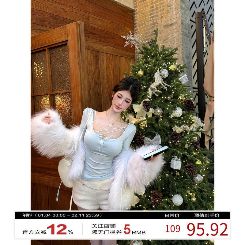 牛了牛了 长袖上衣女2025冬季新款纯欲蕾丝吊带打底衫性感内搭T恤,女装/女士精品,T恤,淘宝优惠券,粉丝福利购,淘宝优惠卷