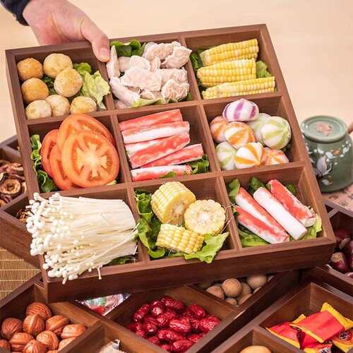 复古色九宫格家用木质托盘四宫格零食干果盘高档茶室会所点心拼盘