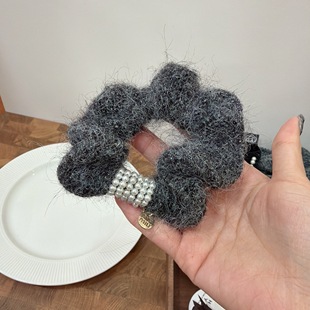 韩系发饰头饰小众设计秋冬新款 头绳精致发绳珍珠灰色毛线小肠发圈