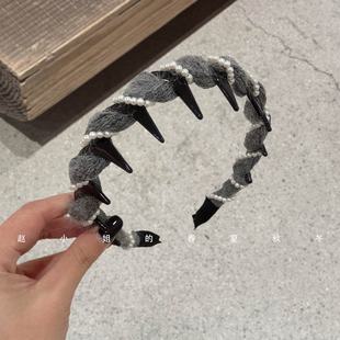 韩国发饰头饰ins风饰品倒齿头箍高颅顶齿梳珍珠灰色毛线麻花发箍