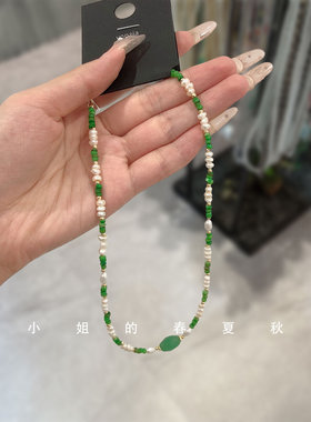 韩国饰品高级感ins风百搭轻复古国风颈链绿色锁骨链天然珍珠项链