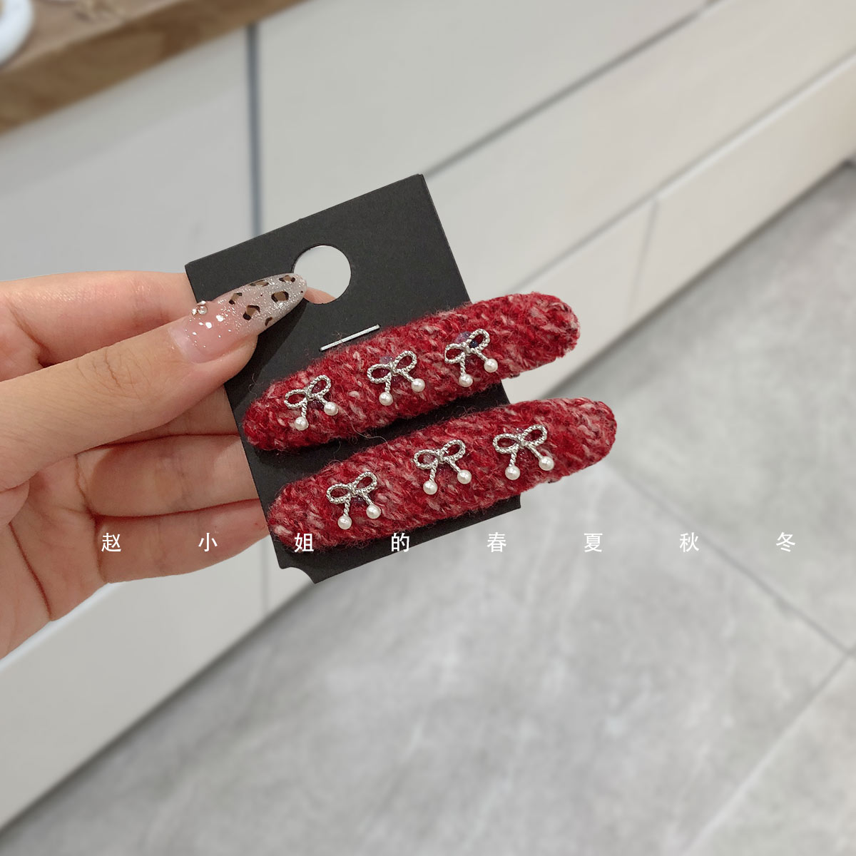 2个装小众设计饰品韩国发饰头饰刘海夹毛线鸭嘴夹红色蝴蝶结发夹