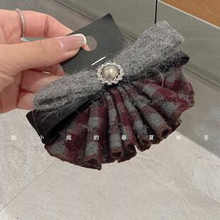 小众设计发饰韩系头饰顶夹毛毛蝴蝶结毛线红色格子发夹弹簧夹