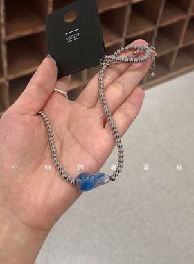 2025新款韩国饰品高级感小众设计颈链串珠蓝色水晶钢珠吊坠项链