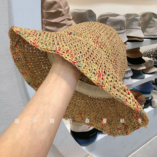 帽子小眾設(shè)計寬檐拉菲草防曬帽彩虹度假太陽帽旅游海邊草帽 韓版