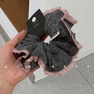 韩国发饰气质头饰针织可爱甜美发绳百搭头绳粉色边毛线大肠发圈