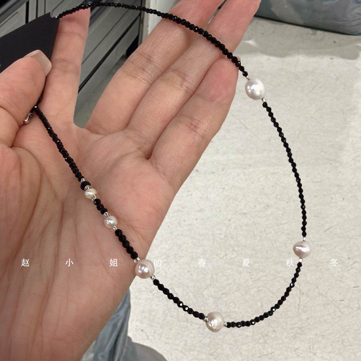 韩系黑尖晶石珍珠项链ins风小众设计感简约轻奢通勤锁骨链颈链