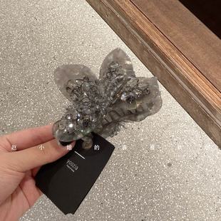 韩系发饰头饰ins风饰品百搭轻奢发抓夹灰绿色镶钻蝴蝶结鲨鱼夹