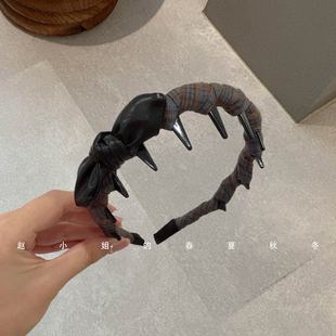 韩国发饰头饰复古文艺风头箍日常外戴格纹皮质蝴蝶结高颅顶发箍