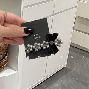 韩系发饰高雅个性黑色丝绒鸭嘴夹ins风百搭气质优雅珍珠花朵发夹