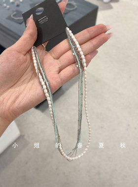 韩国饰品2024新款高级感气质颈链绿色冷淡风项链多层珍珠锁骨链
