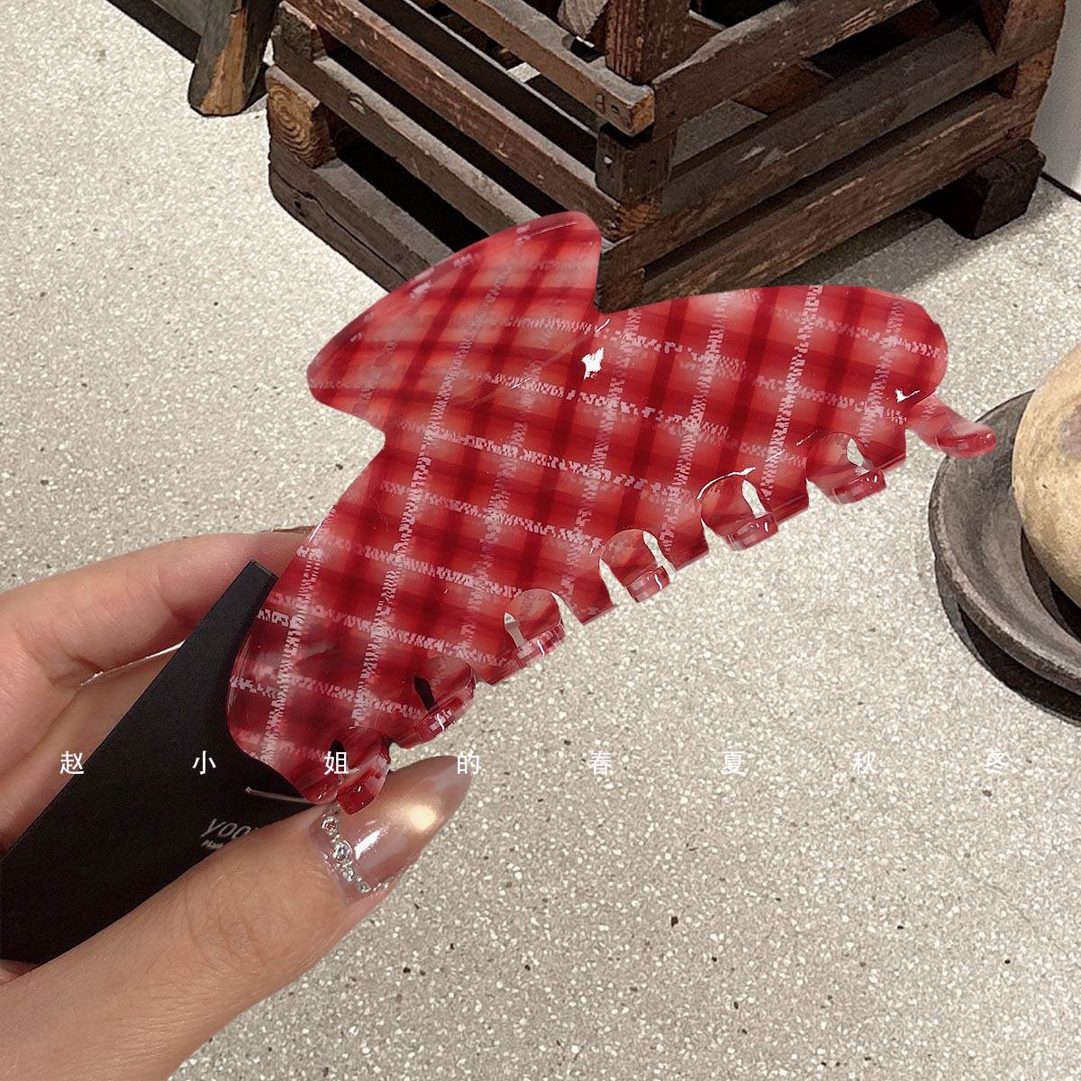 红色格子醋酸鲨鱼夹气质透明少女发抓夹韩系日韩发饰贝壳状头饰