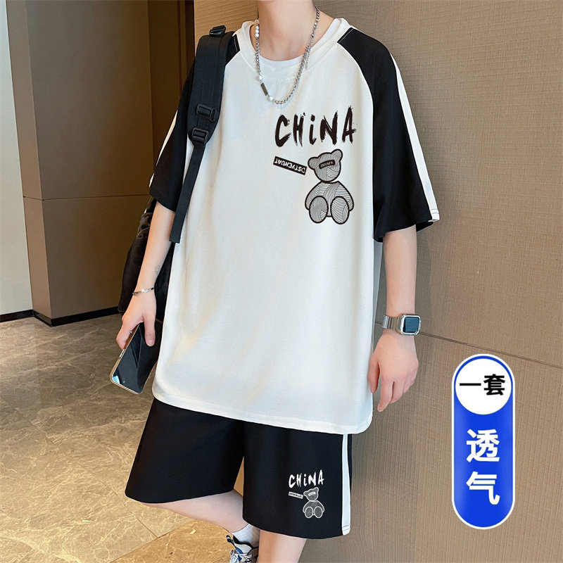 青少年夏季短袖运动套装男初高中学生撞色小熊印花休闲T恤两件套