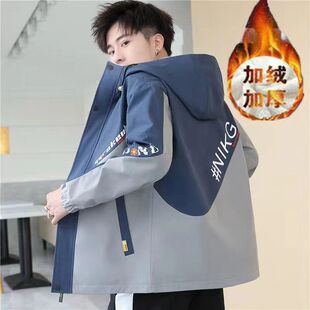 青少年加绒外套男初中高中学生秋冬棉夹克帅气加厚新款上衣棉衣男