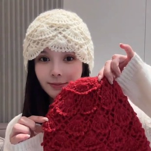 韩系手工钩花镂空马海毛针织毛线帽子女秋冬季保暖百搭包头帽冷帽