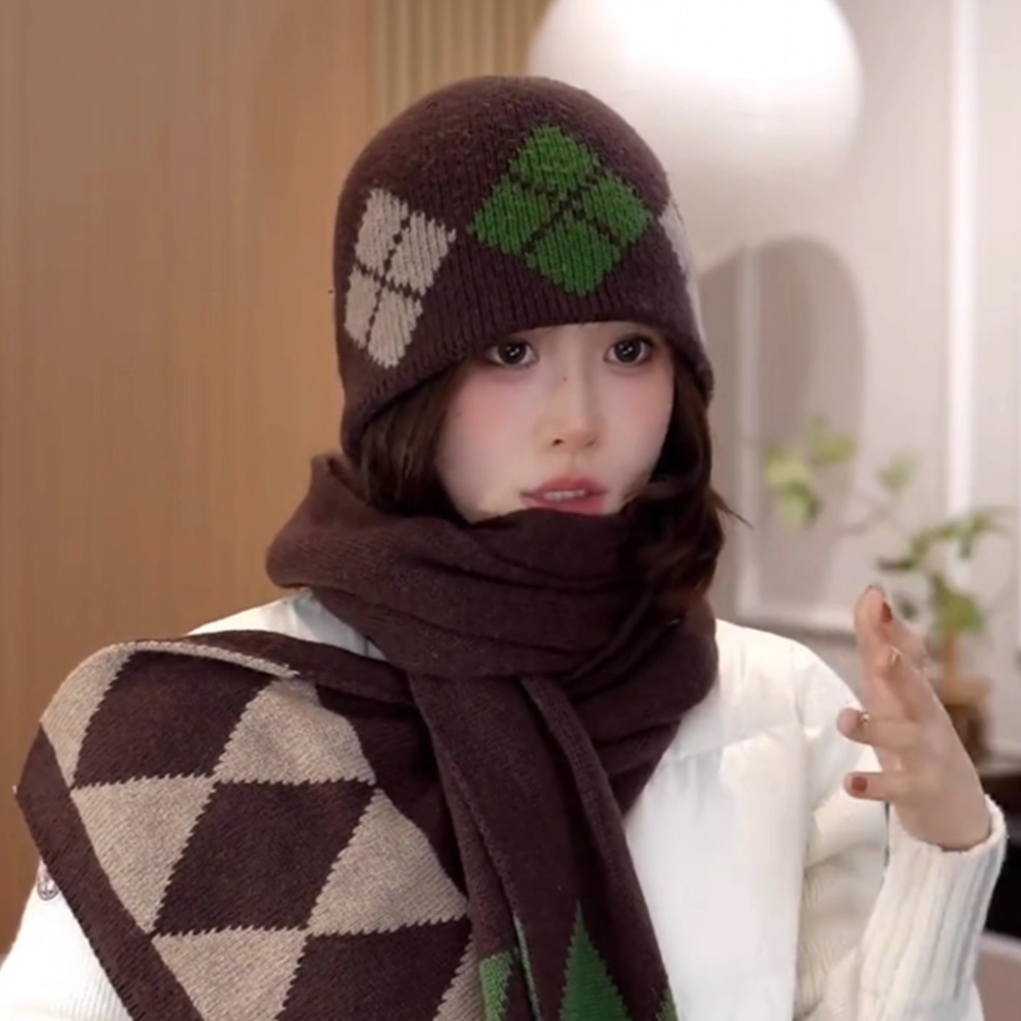 韩版菱形格纹针织毛线帽围巾套