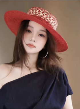 明星同款礼帽子女手工编织巴拿马帽子韩版夏季新款红色草帽遮阳帽