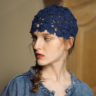 手工编织花朵镂空亮片包头女薄帽