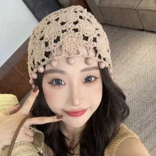 夏天手工钩花薄款串珠缕空针织帽子女插花包头帽棉线串珠子套头帽