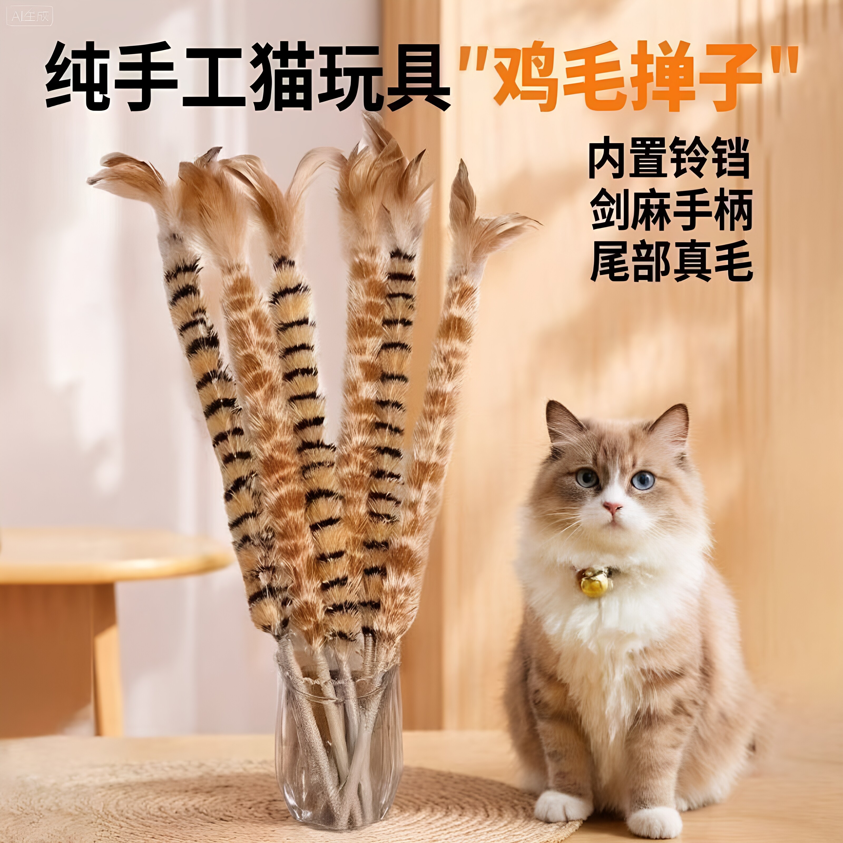 猫咪仿真鸡毛掸子逗猫棒羽毛麻绳手柄耐抓耐咬解闷消耗体力猫玩具