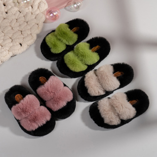 儿童棉拖鞋2025冬季新款松糕厚底毛茸茸鞋子女童外穿拼色毛毛拖鞋