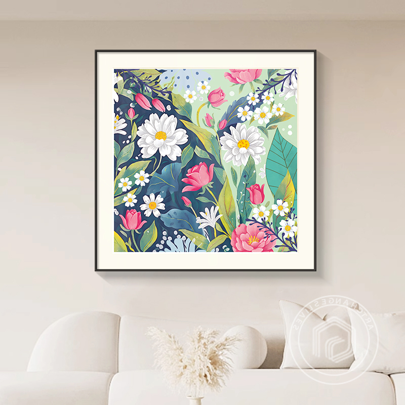 奶油风花卉客厅装饰画正方形餐厅高级感卧室床头桌面入户玄关挂画图片