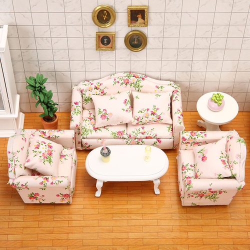 1:12娃娃屋dollhouse迷你家具OB11模型粉布小碎花客厅沙发套装