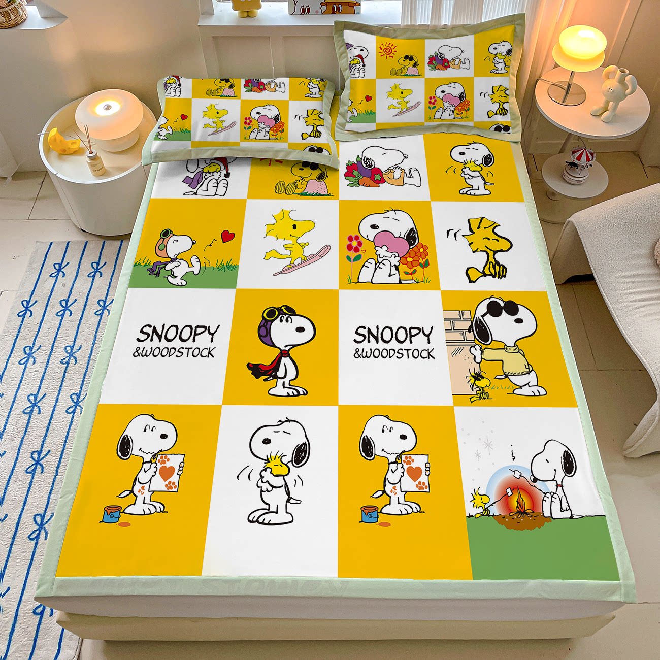 史努比儿童卧室凉席三件套夏季学生宿舍床上用品可爱萌趣