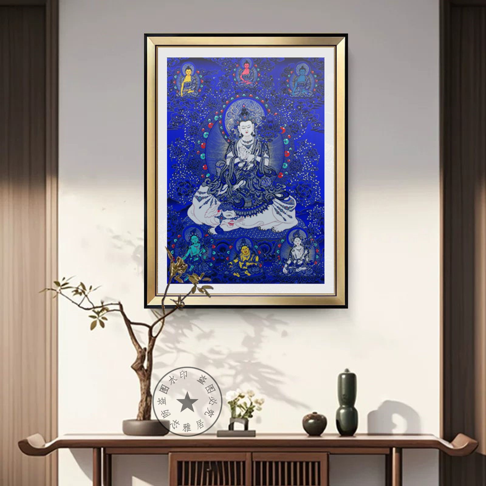 普贤菩萨蓝底唐卡高端背景装饰画唐卡佛像轻奢高级感客厅挂画