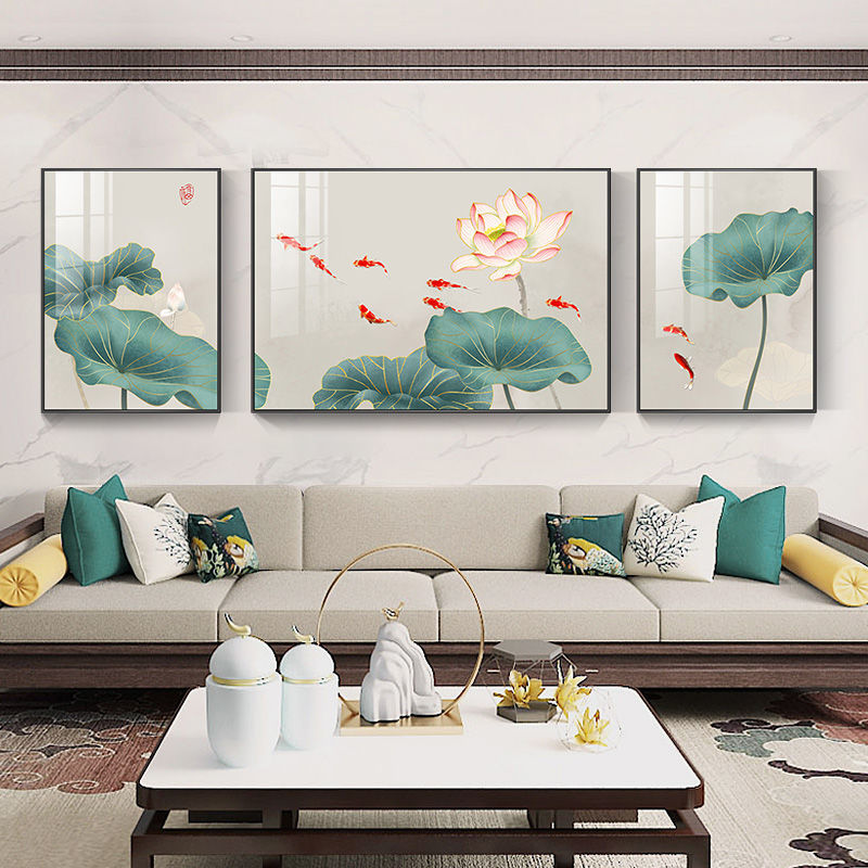 荷花九鱼图装饰画防水新中式挂画