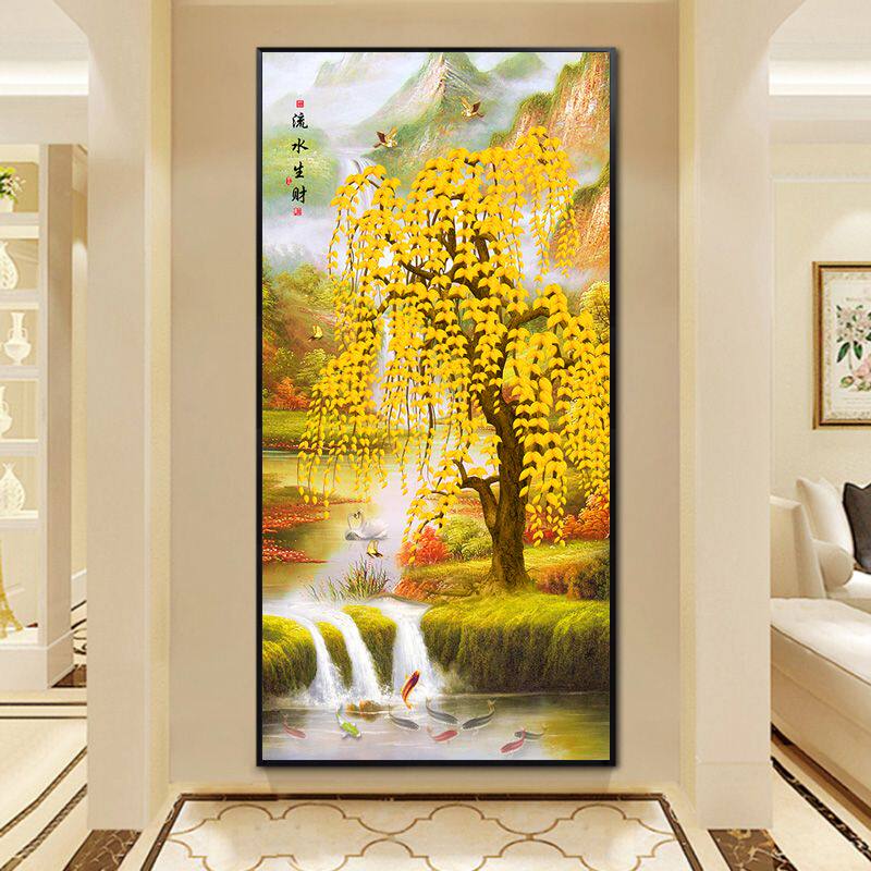 入户玄关装饰画单幅竖版走廊过道挂画流水生财山水风景画靠山壁画