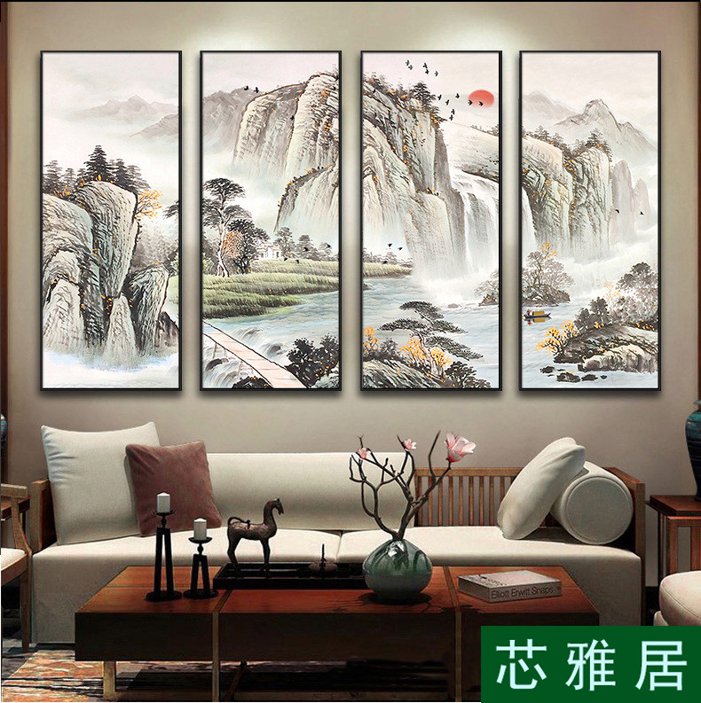 酒店水墨画四联画山水画客厅书房