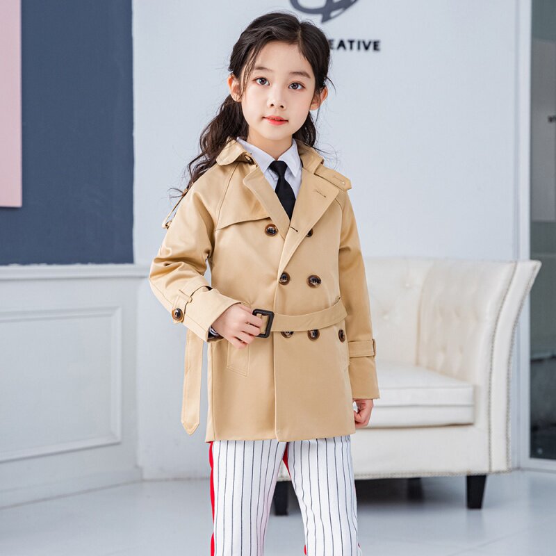女童外套秋季2020新款儿童风衣女孩帅气卡其色大衣中长款