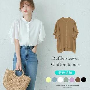 夏季新款日系外贸宽松百搭立领纯色荷叶边短袖衬衫女士雪纺上衣