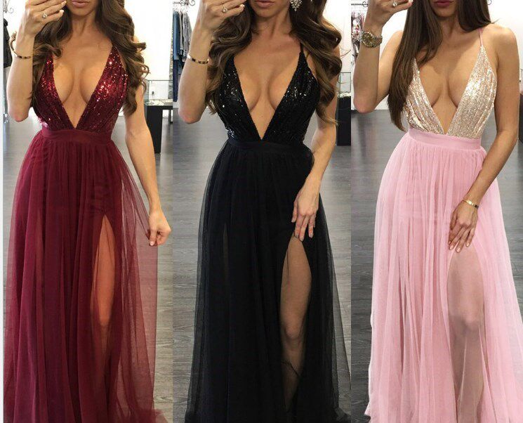 欧美范儿品质款亮片拼接连衣裙吊带深V性感露背礼服Woman dress