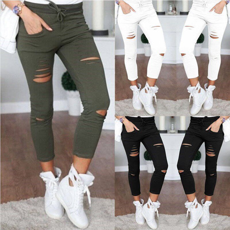 2017 штаны женские women pants 破洞纯棉休闲女裤