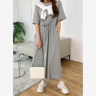 2023日系夏季新款女装 素色圆领宽松显瘦松紧抽绳腰带短袖连衣裙