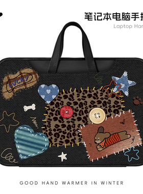 崇言黑色贴画拼接笔记本电脑包新款手提适用苹果macbook小新air华为matebook14寸保护套女联想pro16内胆包