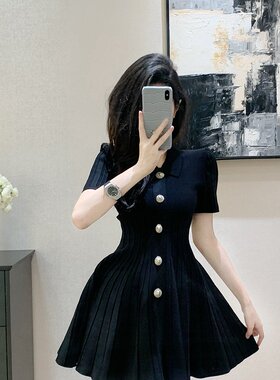 韩国小香风设计感翻领黑色冰丝针织连衣裙女夏季小个子修身a字裙