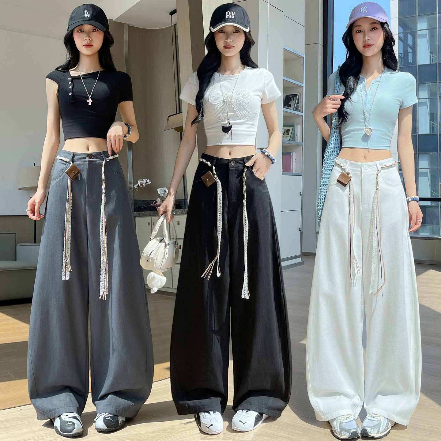 洗水棉灰色阔腿裤女春秋2026新款高腰显瘦宽松直筒垂感拖地西装裤