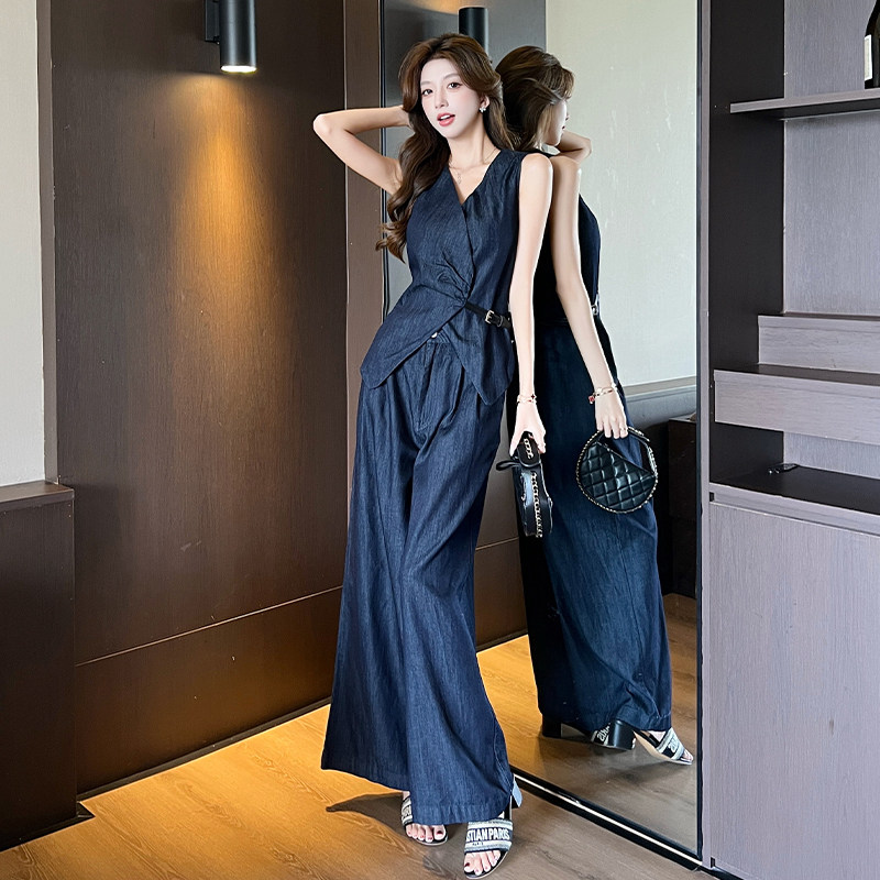 实拍气质牛仔套装女皮带扣收腰背心马甲高腰阔腿裤两件套装