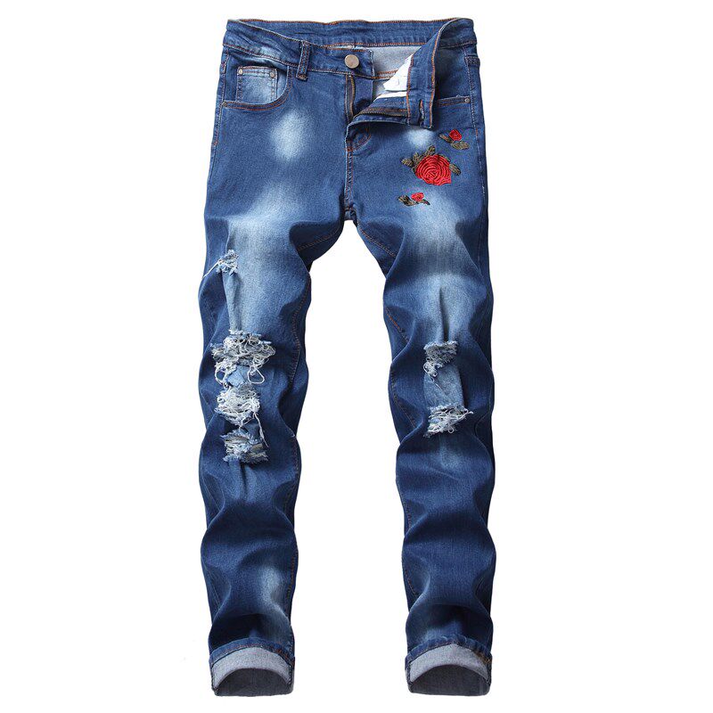 Men Rose Embroidered Ripped Jeans 男士玫瑰花刺绣修身牛仔裤
