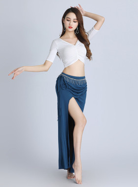 2026新款春夏肚皮舞练功服大码舞蹈练习演出上衣套装莫代尔白色裙