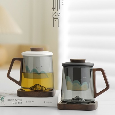 玻璃泡茶杯陶瓷内胆茶水分离办公杯简约个人专用马克杯子定 制