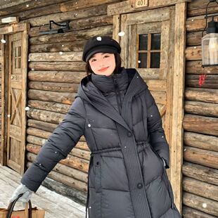 2025冬季新款羽绒服收腰长款显瘦95白鹅绒连帽过膝加厚修身外套
