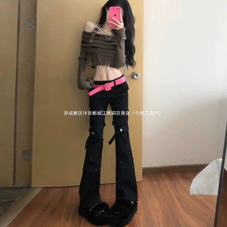 秋冬季学生高个子显瘦黑色微喇牛仔裤女秋季加长设计感工装裤系带