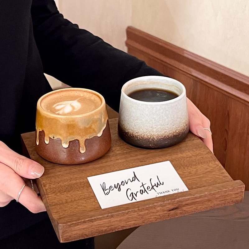 复古陶瓷杯套装日式粗陶窑变浓缩咖啡杯拿铁拉花杯带托盘木盘无