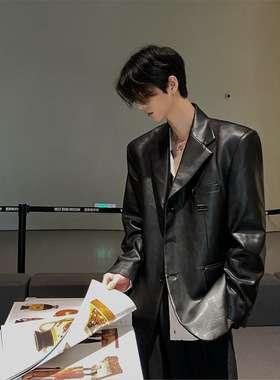 Timpeake纯黑色垫肩西装外套男高级感美式复古皮衣机车服A29
