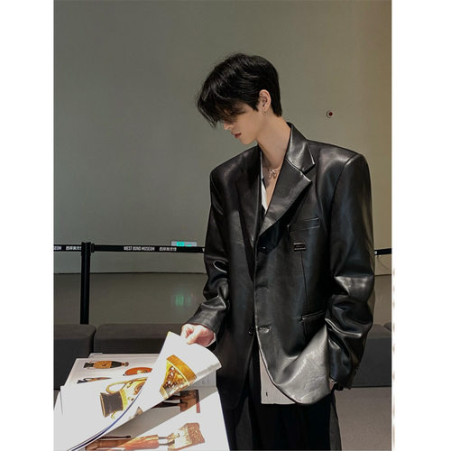 Timpeake纯黑色垫肩西装外套男高级感美式复古皮衣机车服A29