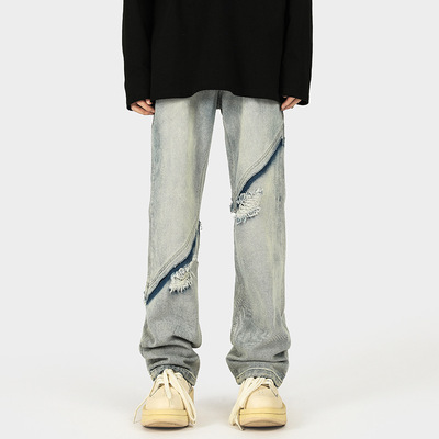 Tim Peake黄泥破洞牛仔裤男痞帅高街vibe风直筒长裤子9944